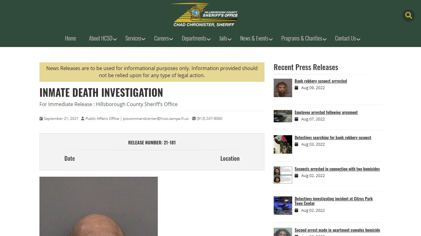 Inmate Death Investigation | HCSO, Tampa, FL